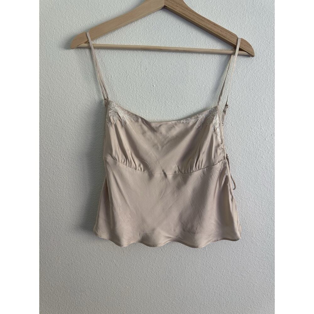 Rumored Women’s Beige Silk Embroidered Crop Tank Side Tie Size Large Boho Chic